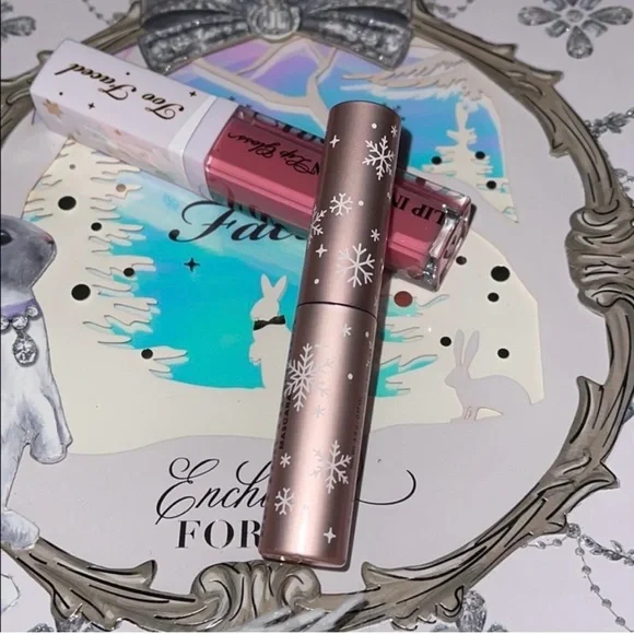 Too Faced Enchanted Eyeshadow Palette with Pink Lip Gloss and travel Mascara